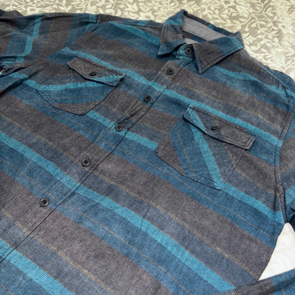 Ascend Mens Flannel Shirt Large Tall Blue Grey Striped Herringbone Cotton LT